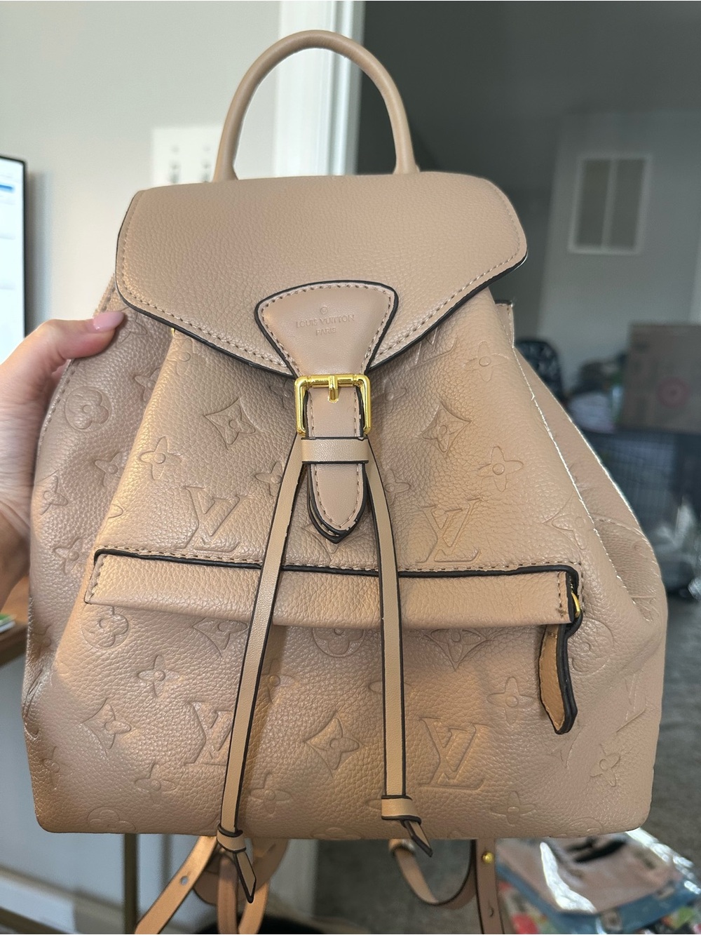 Beige Monogram Embossed Backpack with Gold Hardware - Picture 2 of 6